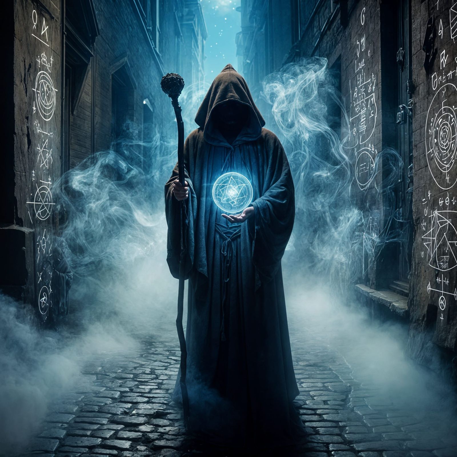 A mysterious figure in a robe with a staff in his hands stan...