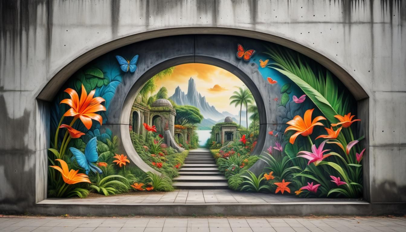 Street art tromp l'oeil image through a concrete wall to a paradise ...