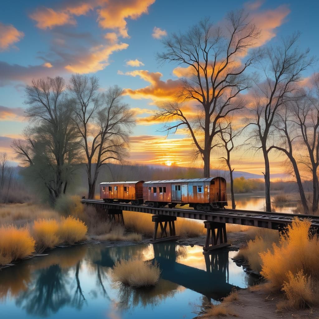 my last creation, a weathered boxcar train, atop a rustic ra...