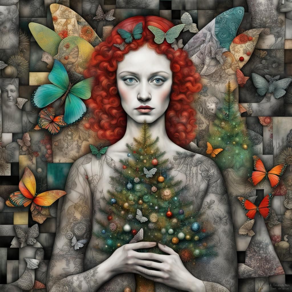 Christmas Tree, Patchwork, intricate details, Maximalism.Evergreen tree