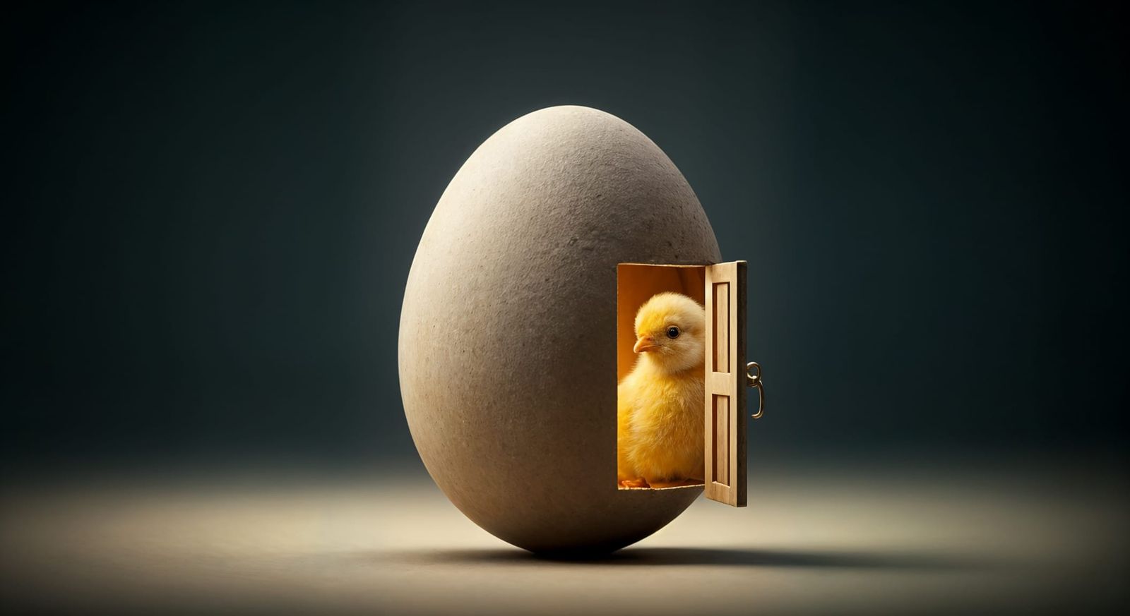 A photorealistic macro image of an upright chicken egg with a matte, slightly textured shell on a neutral ...