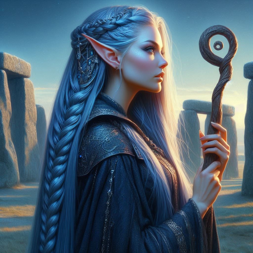 Blue Elf doing magic at sunrise at a stone circle  by @RJself