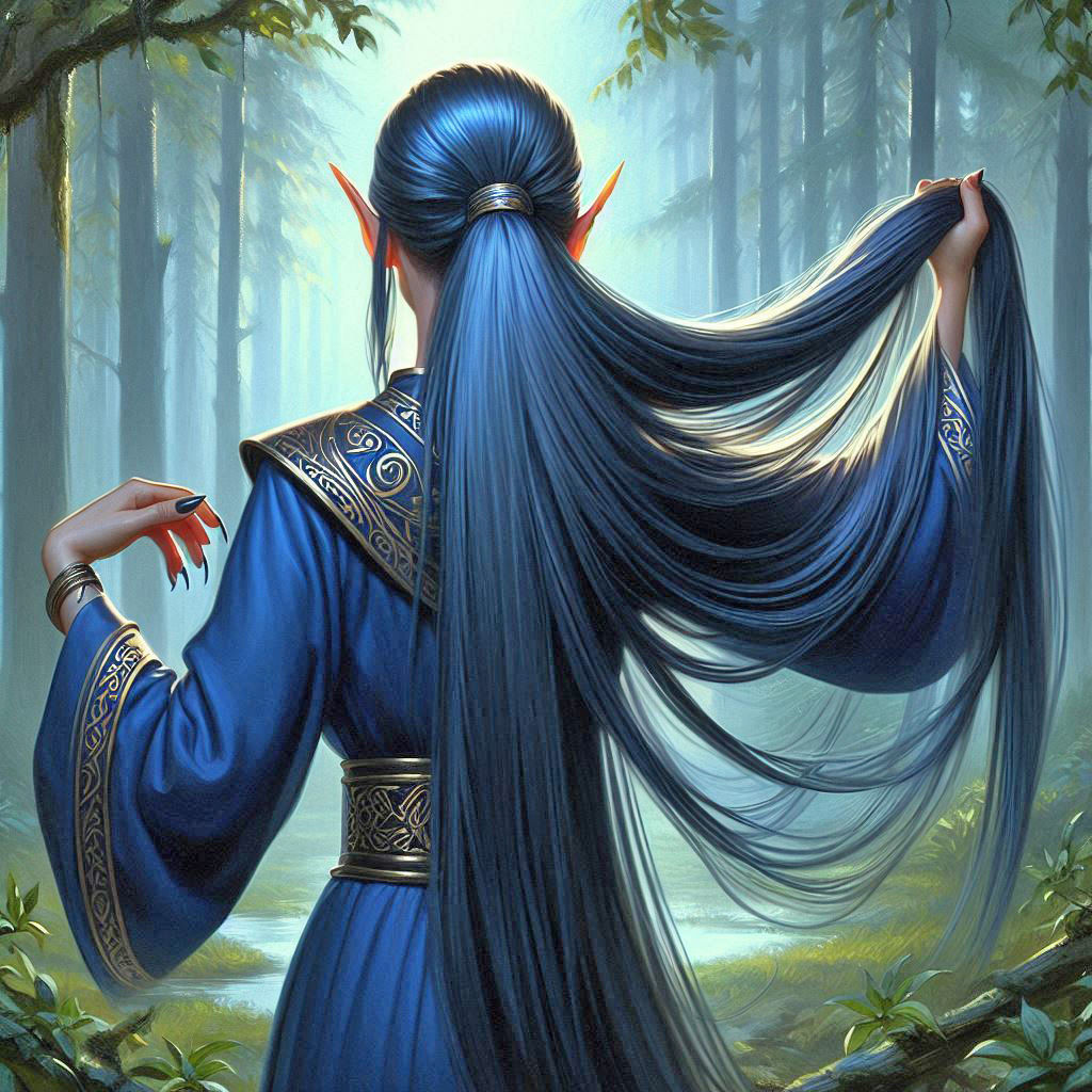 Blue Elf tossing her long hair back
