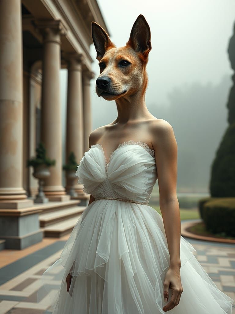 Woman wearing ultrarealistic dog mask combined with white tulle dress