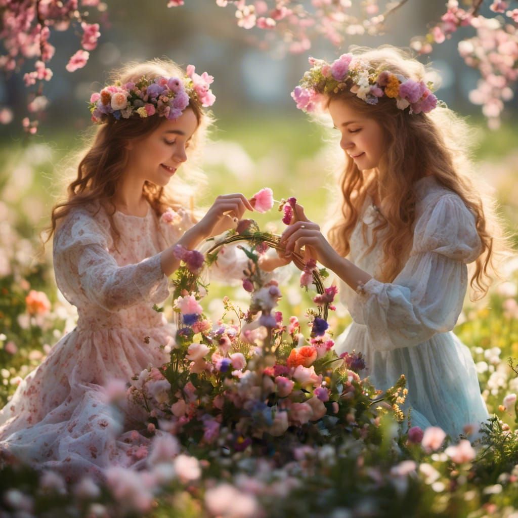 <lora:NC Hyperreal:1.0> girls in a ring, playing, flowers, s...