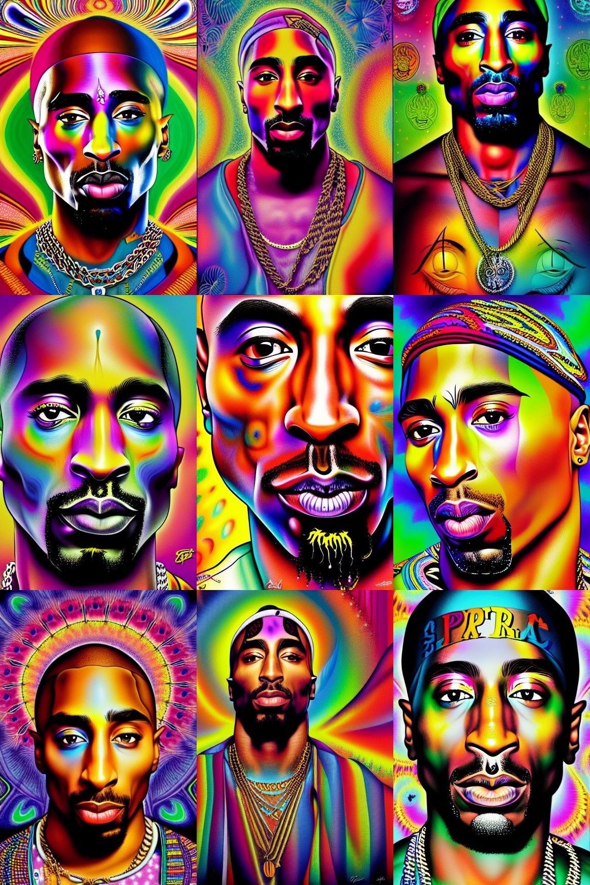 Acid trip portrait of Tupac Shakur by Lisa Frank, Sam Spratt...