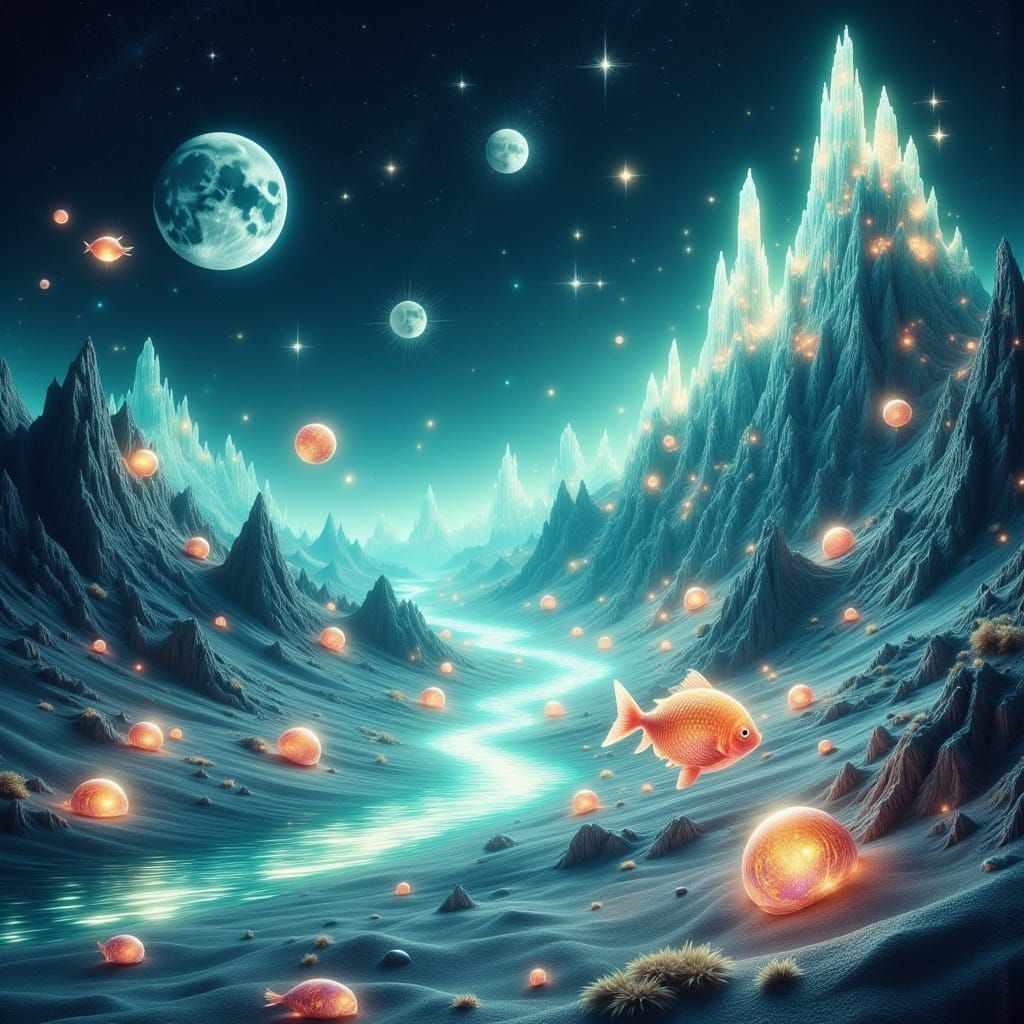 Dreamy Turquoise Desert with Luminous Cosmic Fish