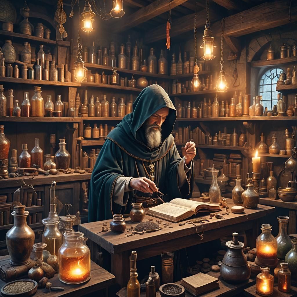 Medieval alchemist's workshop  by @Pavel