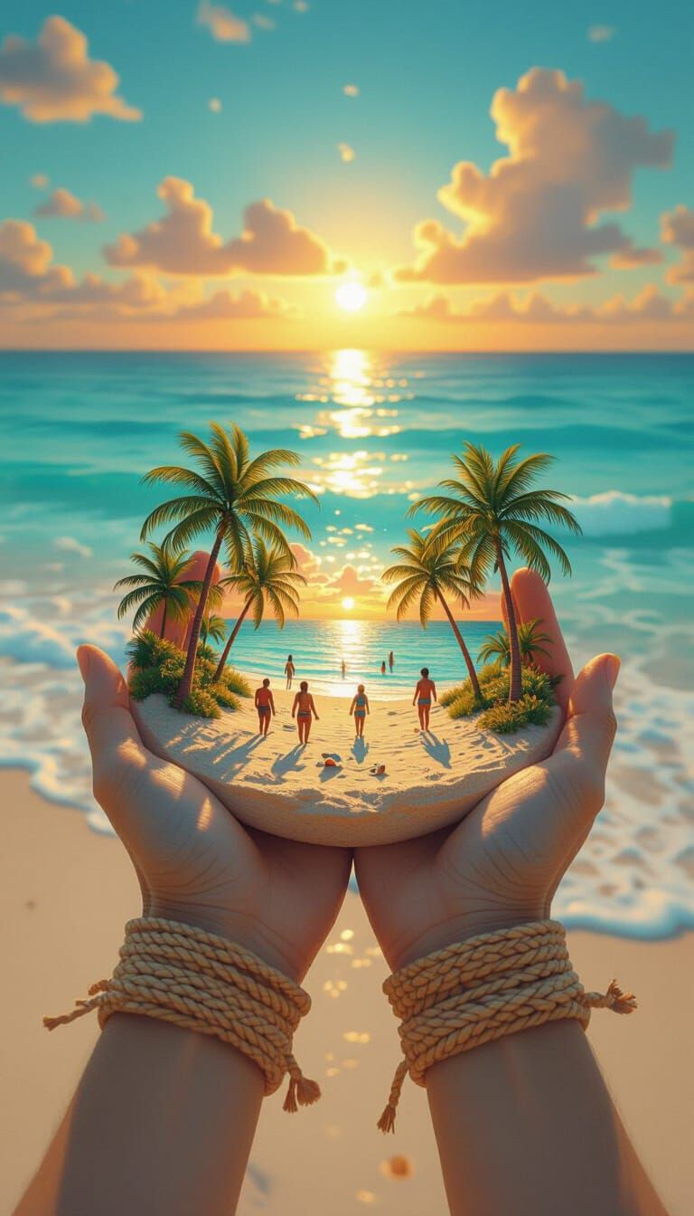 A photograph with a surreal twist features a pair of hands holding a miniature, detailed beach scene in their palms. The beach scene include...