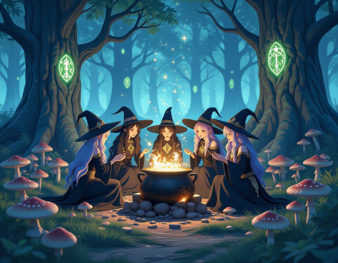 A coven of witches around a cauldron out in ingredients for a spell on a sacred mystical forest, mushroom circles, light fog, a black, spark...