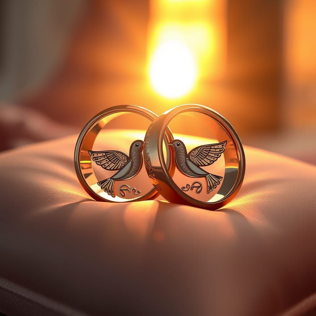 Golden Love Doves on Silk Pillow in Warm Sunlight