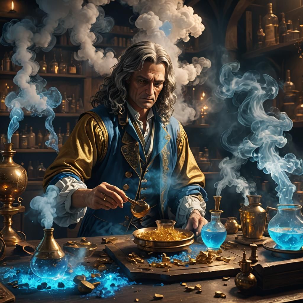 Cloud of blue neon miasmic smoke over Isaac Newton distillin...