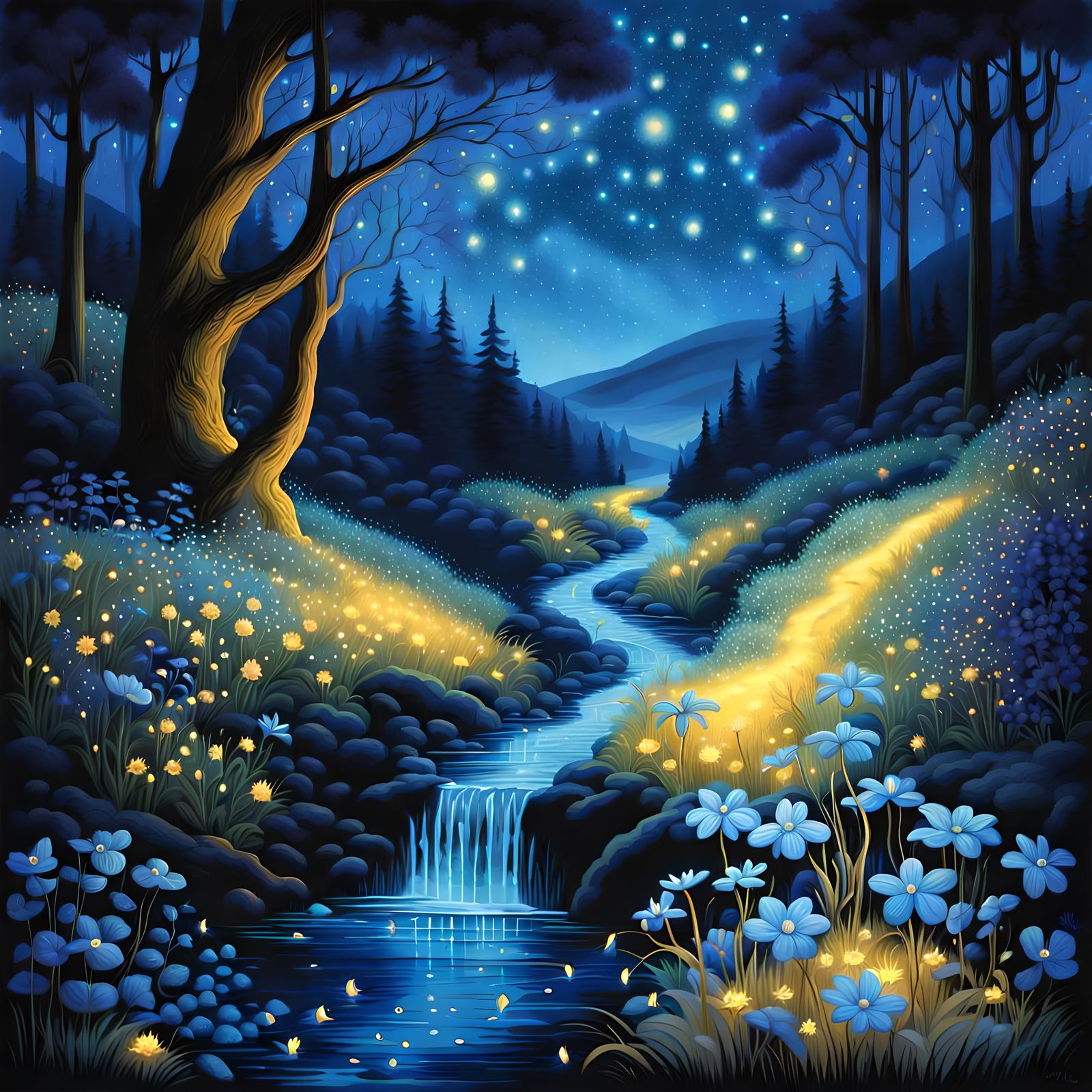 In the summer night, under the luminiscent ethereal blue, a winding path flickers with a silvery glow Following a stream...