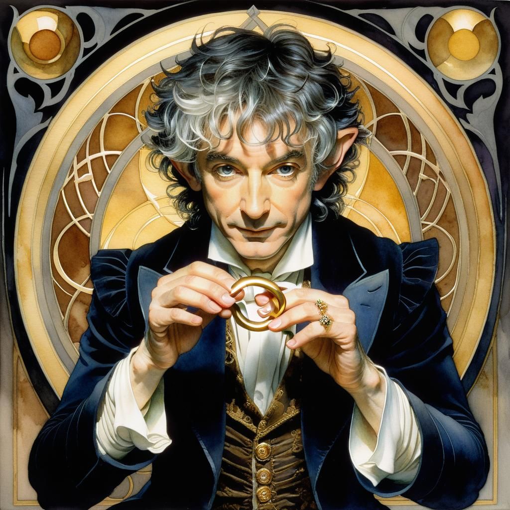 Bilbo Baggins HOLDING GOLDEN RING, ballroom, arabesque, watercolor, cel ...