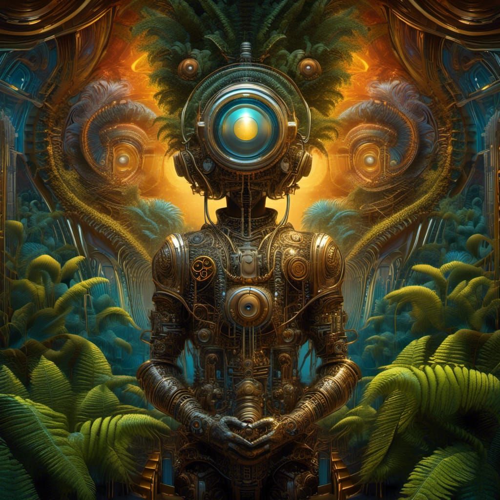 Elemental Harmony + Mystical Flora Infusion, a steampunk spaceman on an alien planet,  merging with an ...  by @UpstandingCitizen