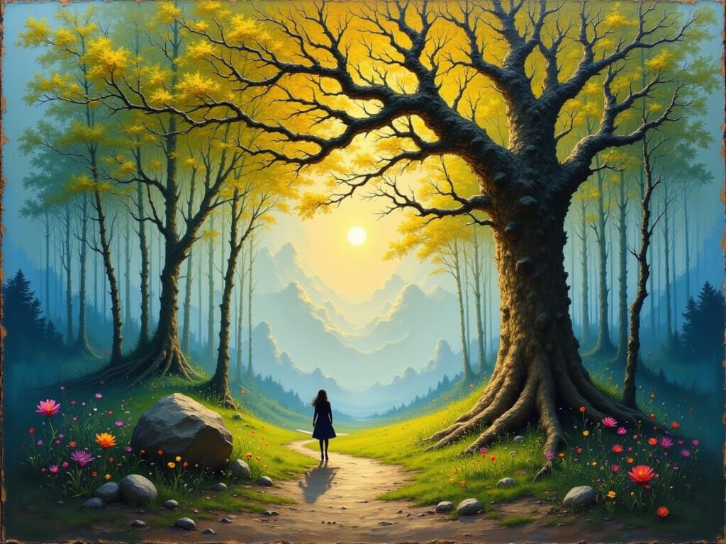 <lora:Akimora:1.0> <lora:Stylized oil paint:1.0> Dancing under the tree of life