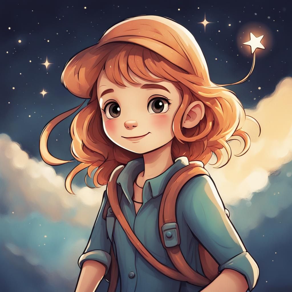 "Illustrate a small star in the sky, a bit shy but with a sp...