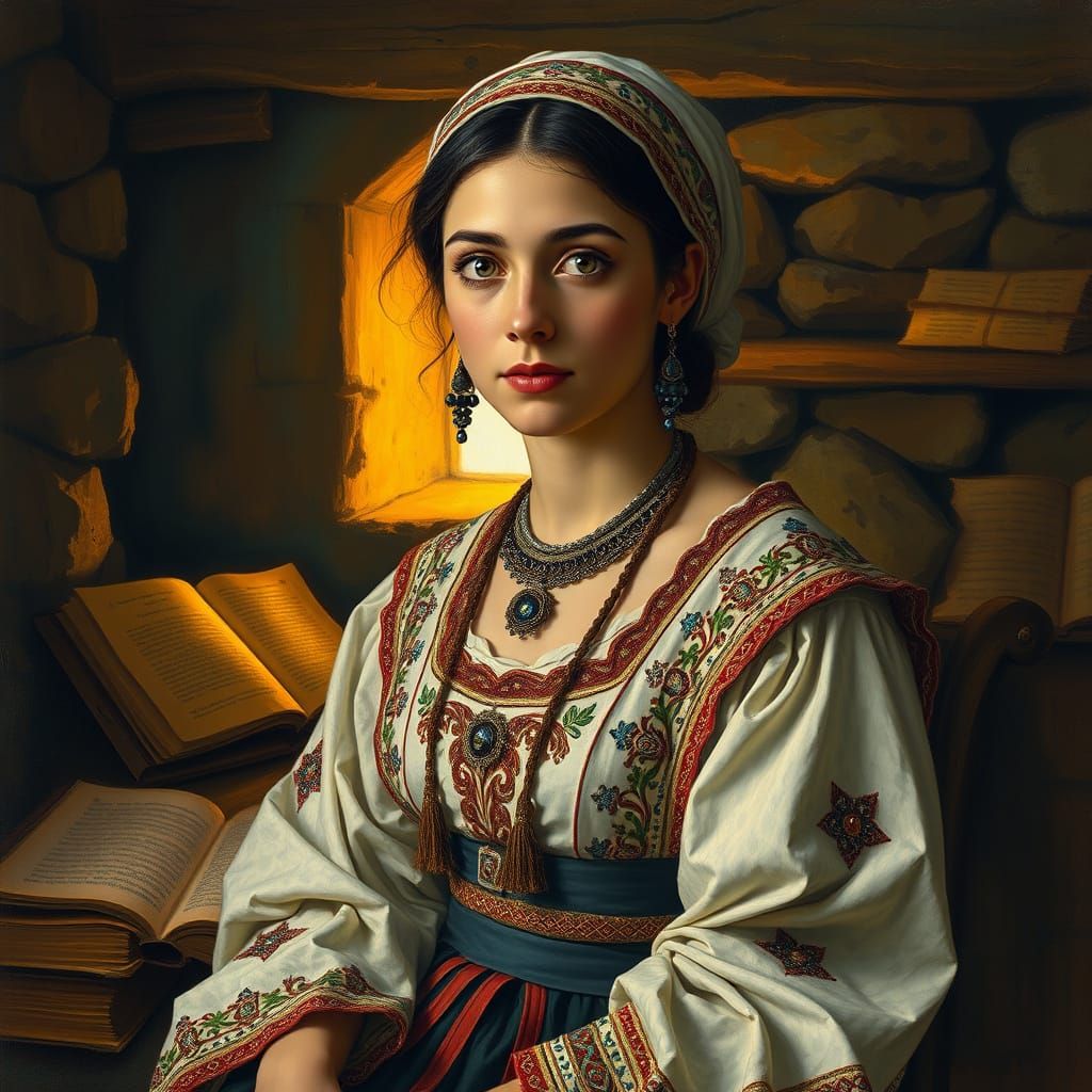 Woman in Hebrew Attire, Folk-Art Inspired Portrait
