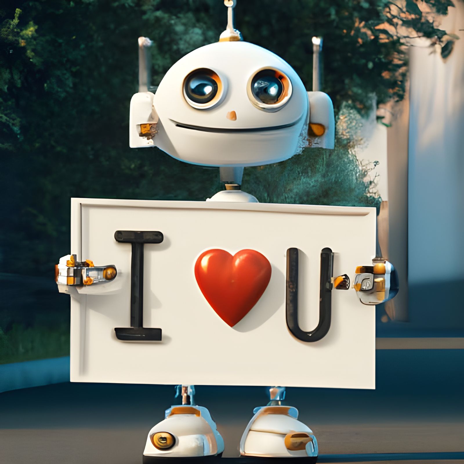 Cute small adorable robot holding a sign that says I love you  unreal engine, clighting, artstation, detailed, digital p...
