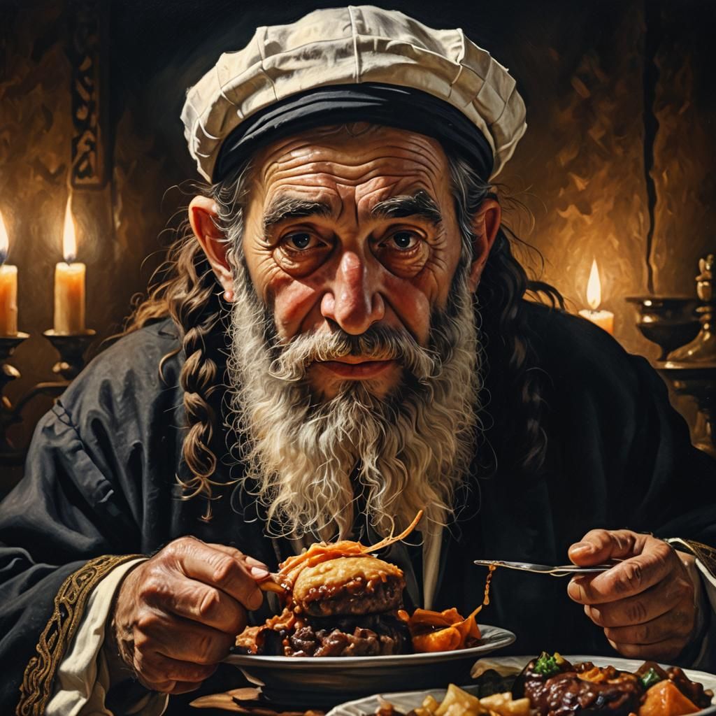 Jewish Rabbi Eating Traditional Food in Baroque Style