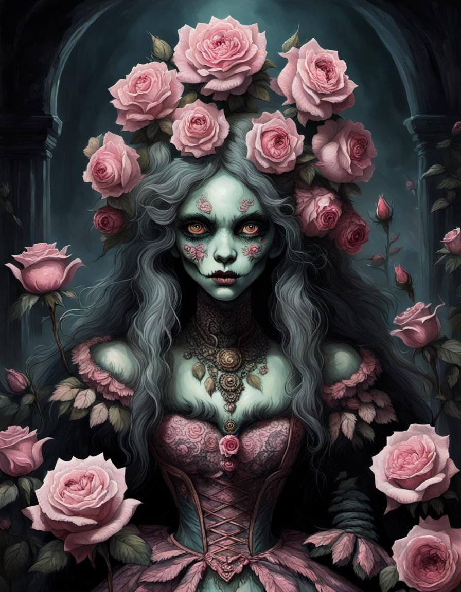 Monster doll woman with beautiful Pink roses with fur dress