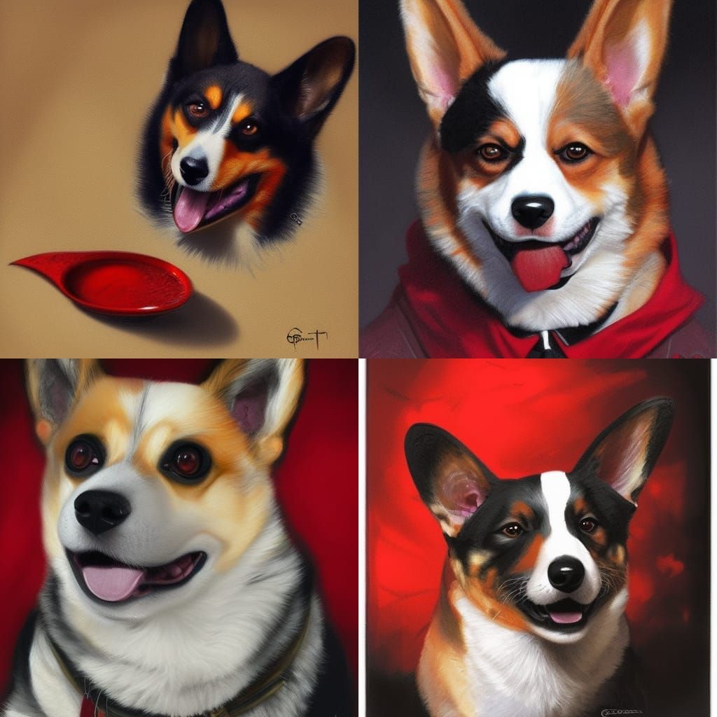 demon, corgi, blood red, sinister by Greg Rutkowski, dog portrait - AI ...