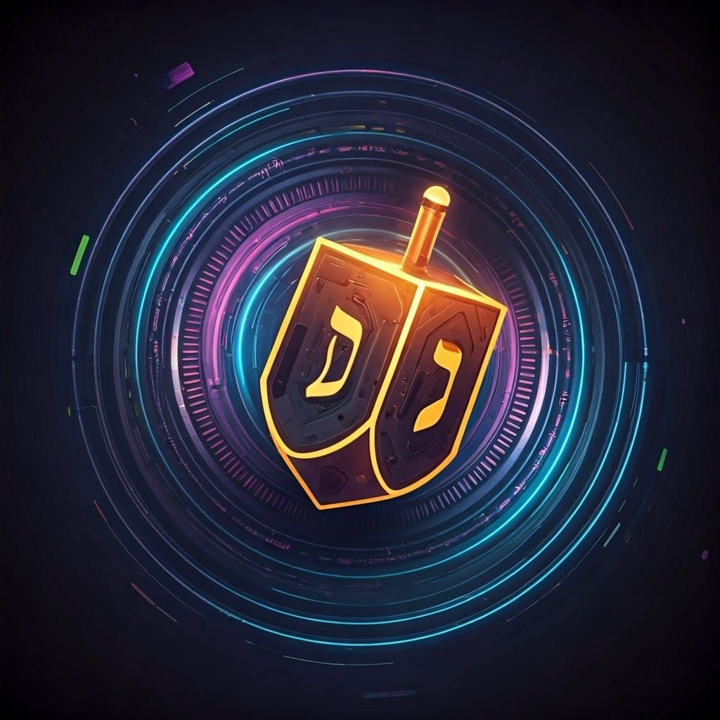 Futuristic Cyberpunk Dreidel Menorah in Vibrant Motion