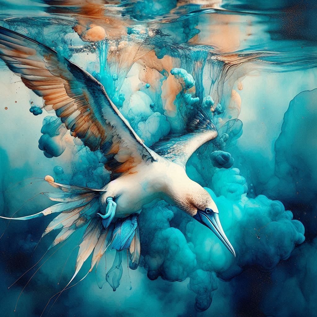 Diving blue-footed booby, alcohol ink