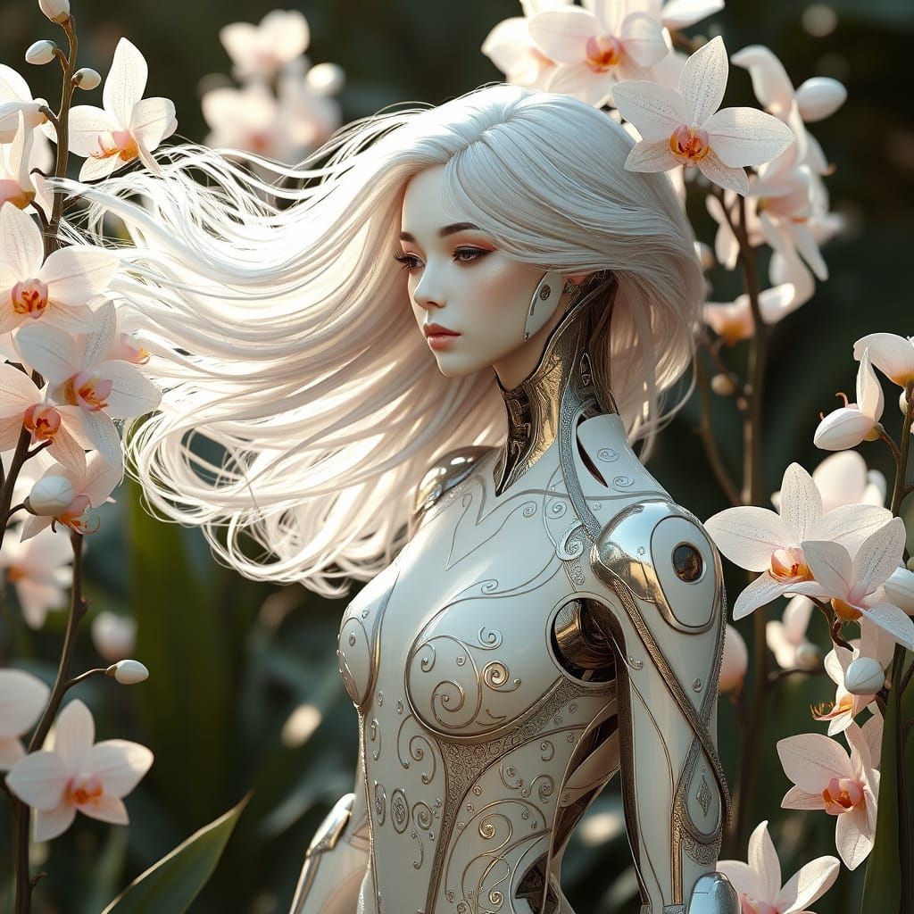 Ethereal Android in Art Nouveau Garden