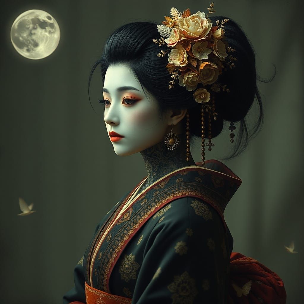 Portrait wonderful Geisha  ghost coniferous ,Verctor,  compose,  Etienne -Jules Marey, surreal  Andoid ...  by @Yumi