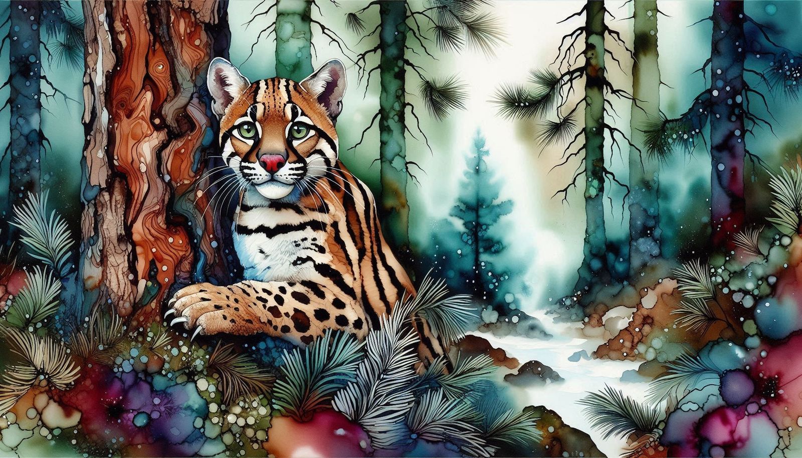 Ocelot Scampering up a Tree ~ Alcohol Ink