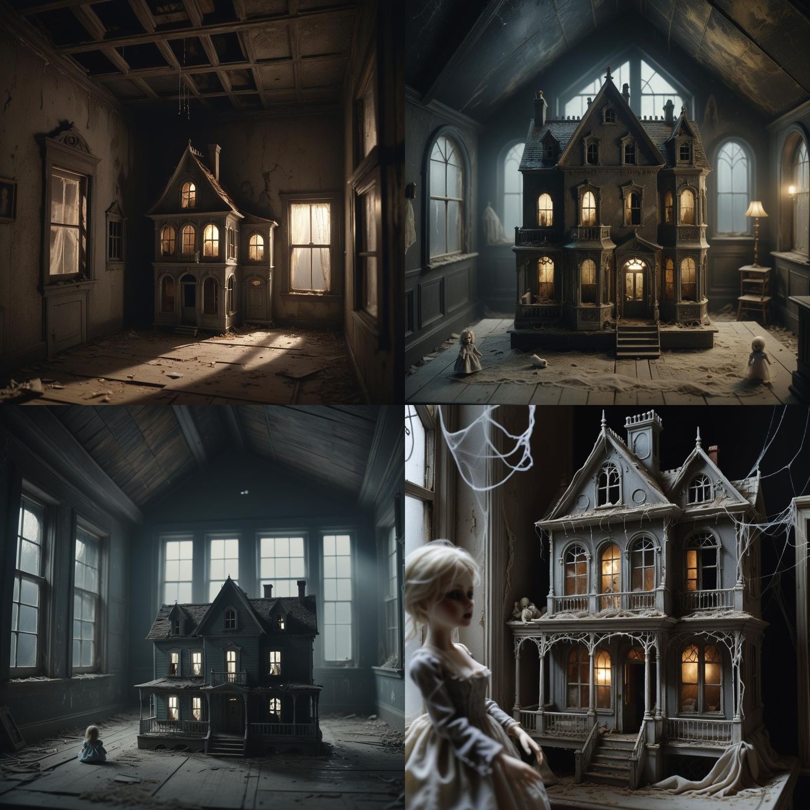 An old doll's house sits abandoned in an attic. It has cobwebs and is covered in dust. In one window of the dolls house ...