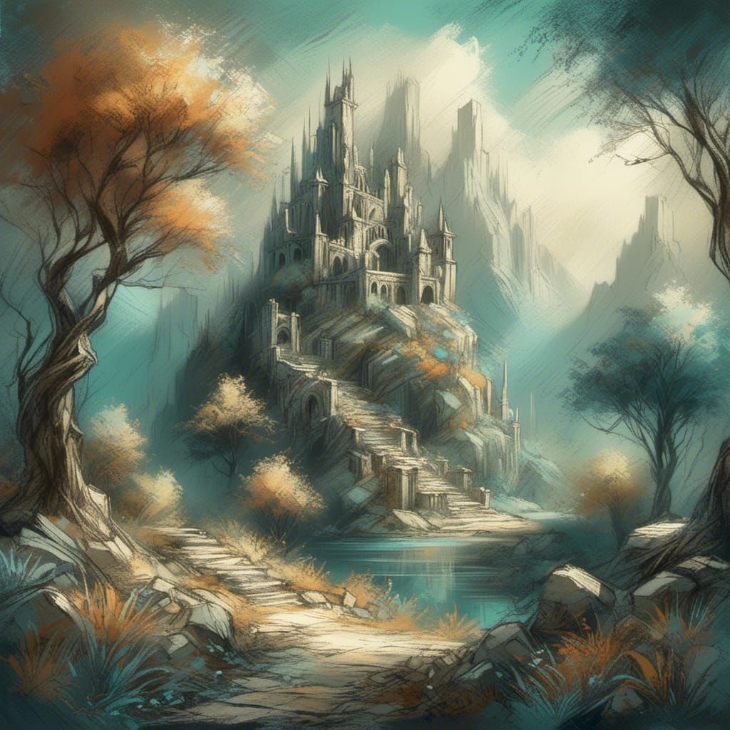 ruins <lora:Chalk Fantasy:1.0> (chalk texture) (fantasy landscape)