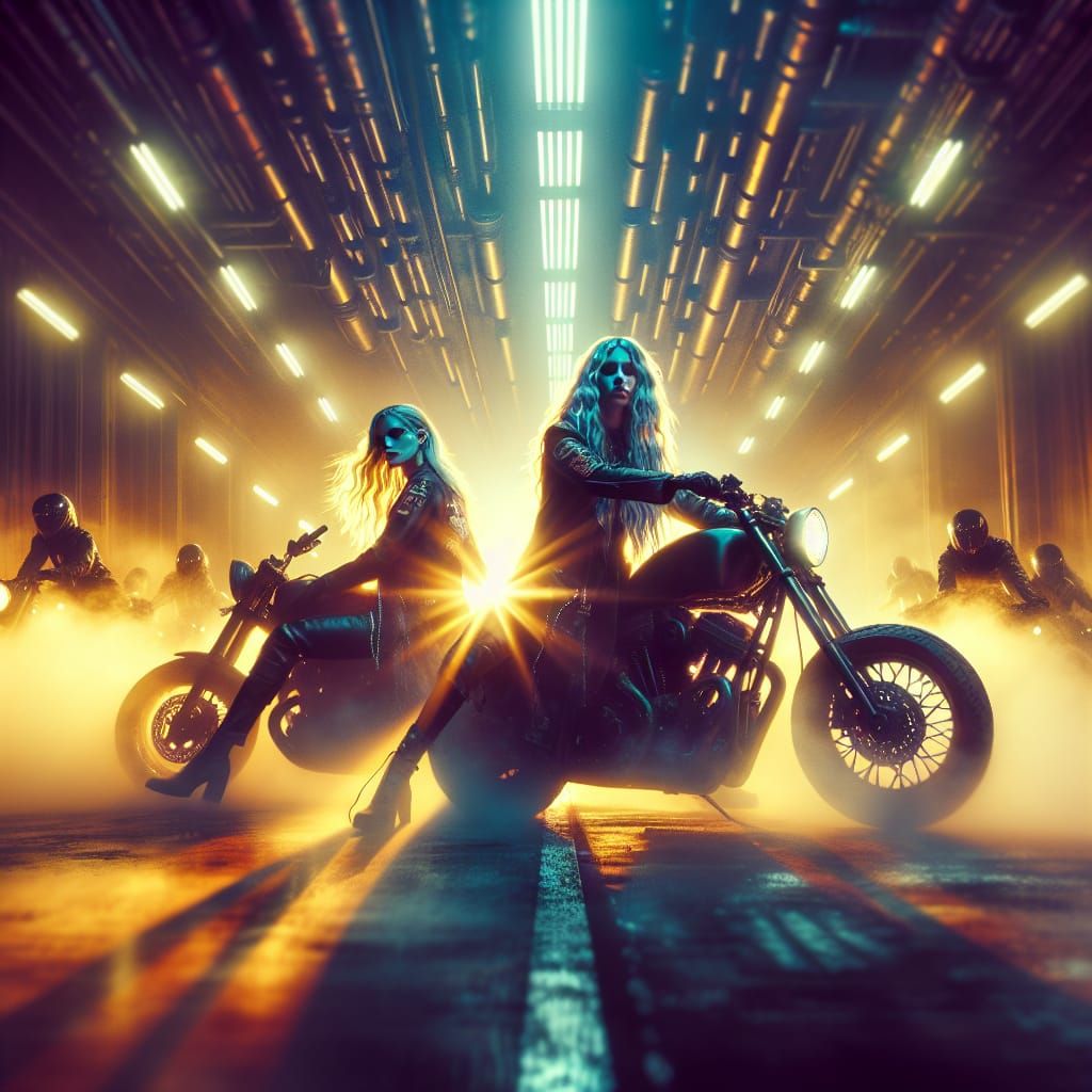 an image of two stunning blonde motorcyclist girls sitting a...