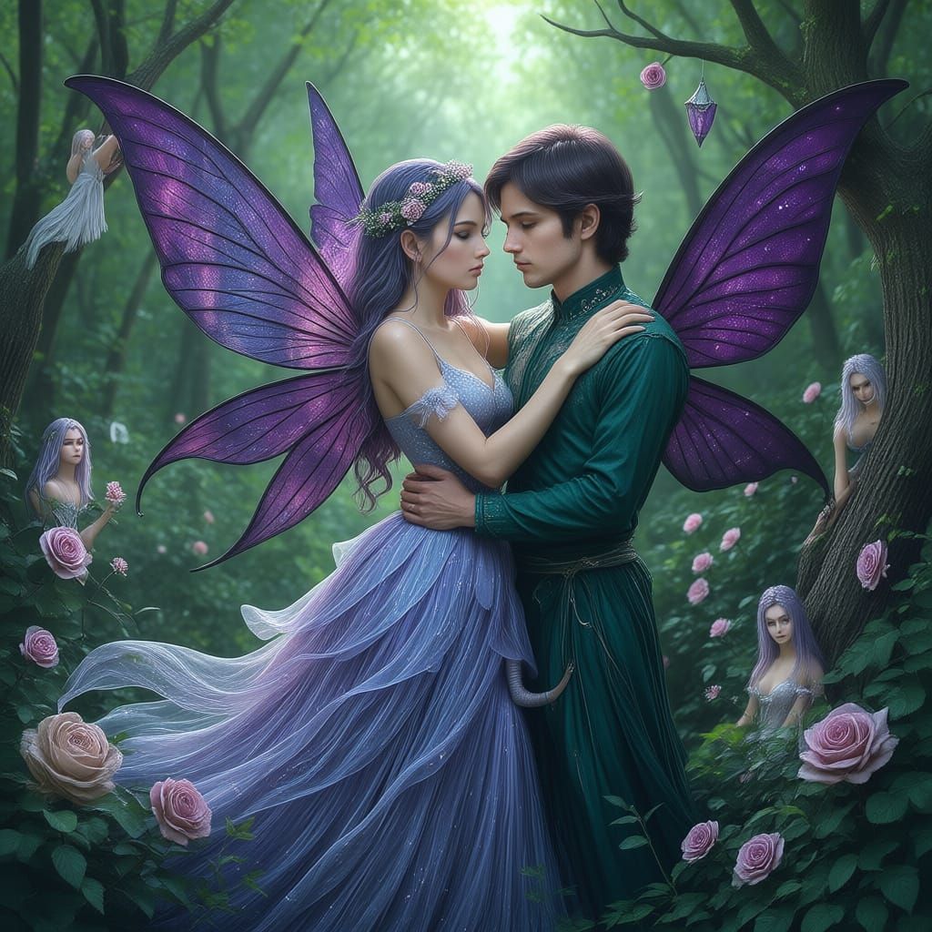 horizontal fairy image ethereal in gossamer opalescent threads that make up a beautiful dress and there are rainbow roses threaded through t...