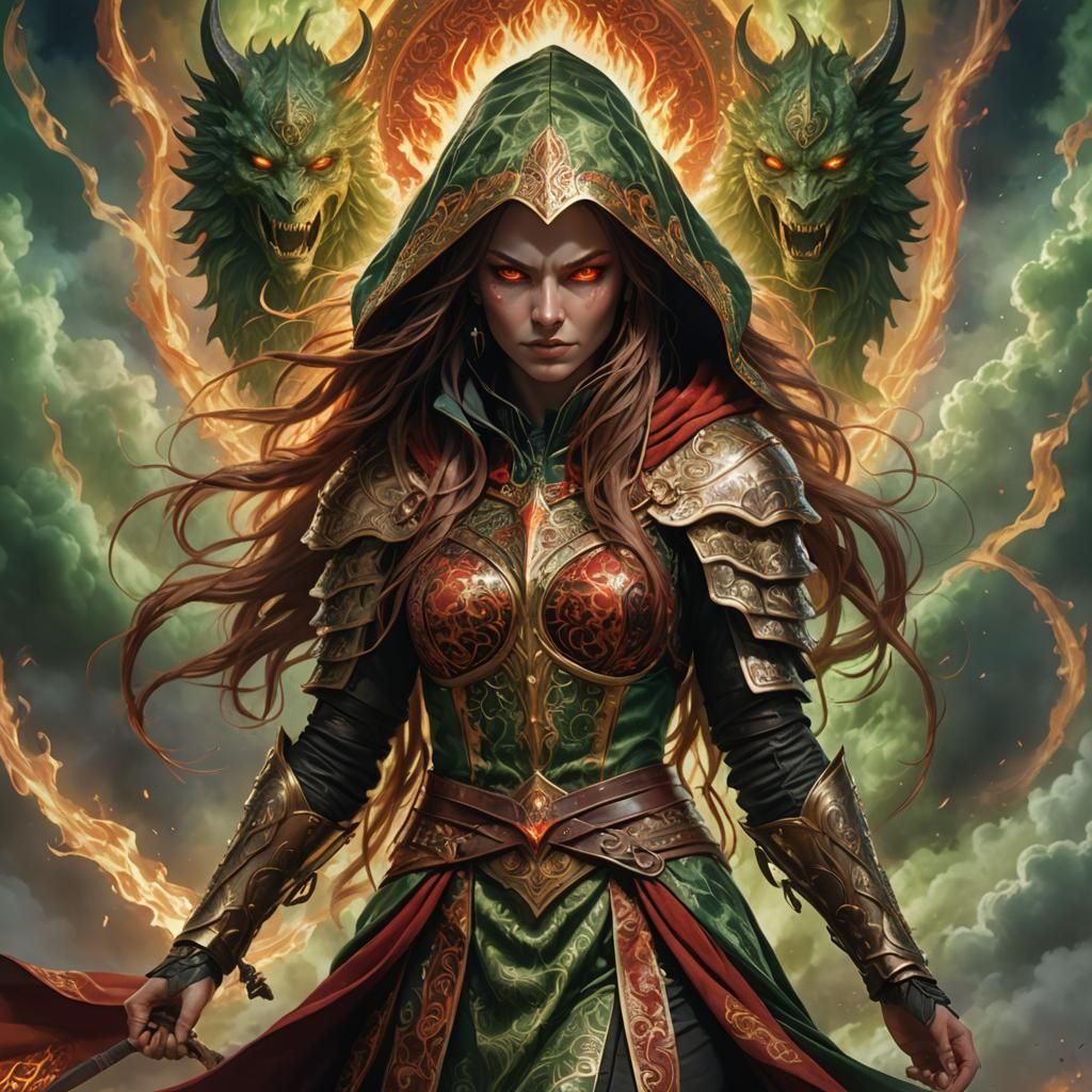 Hyperrealism, A demonic-girl epic warrior figure, light smile, soft and warm green eyes view, fire-color long hair, night forest background,...