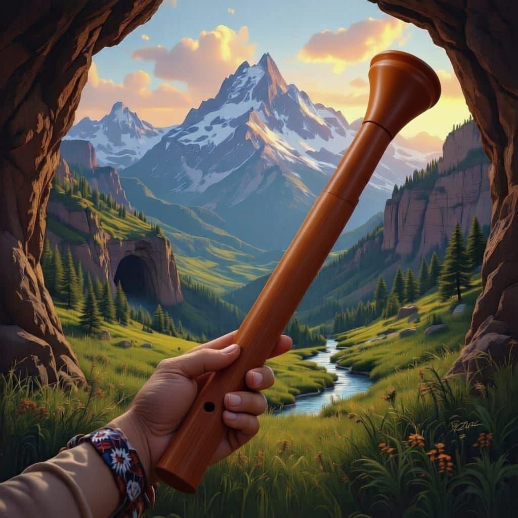 picture of a native american flute made of chesnut wood in the foreground. In the background is a picturesque landscape showing a mountain a...