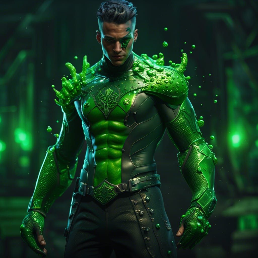 Young Supervillain tight costume, shirtless, slime powers. Green ...