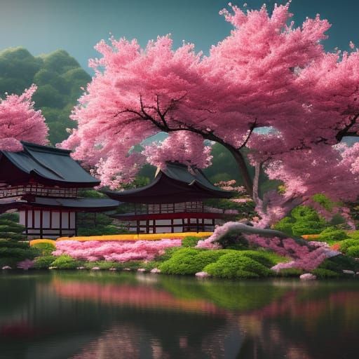 Japanese Temple Cherry Blossoms - AI Generated Artwork - NightCafe Creator