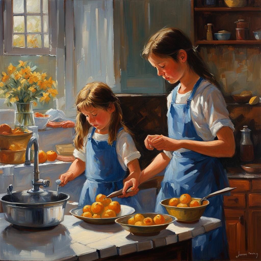 2 sisters are helping mother in the kitchen, the atmosphere ...