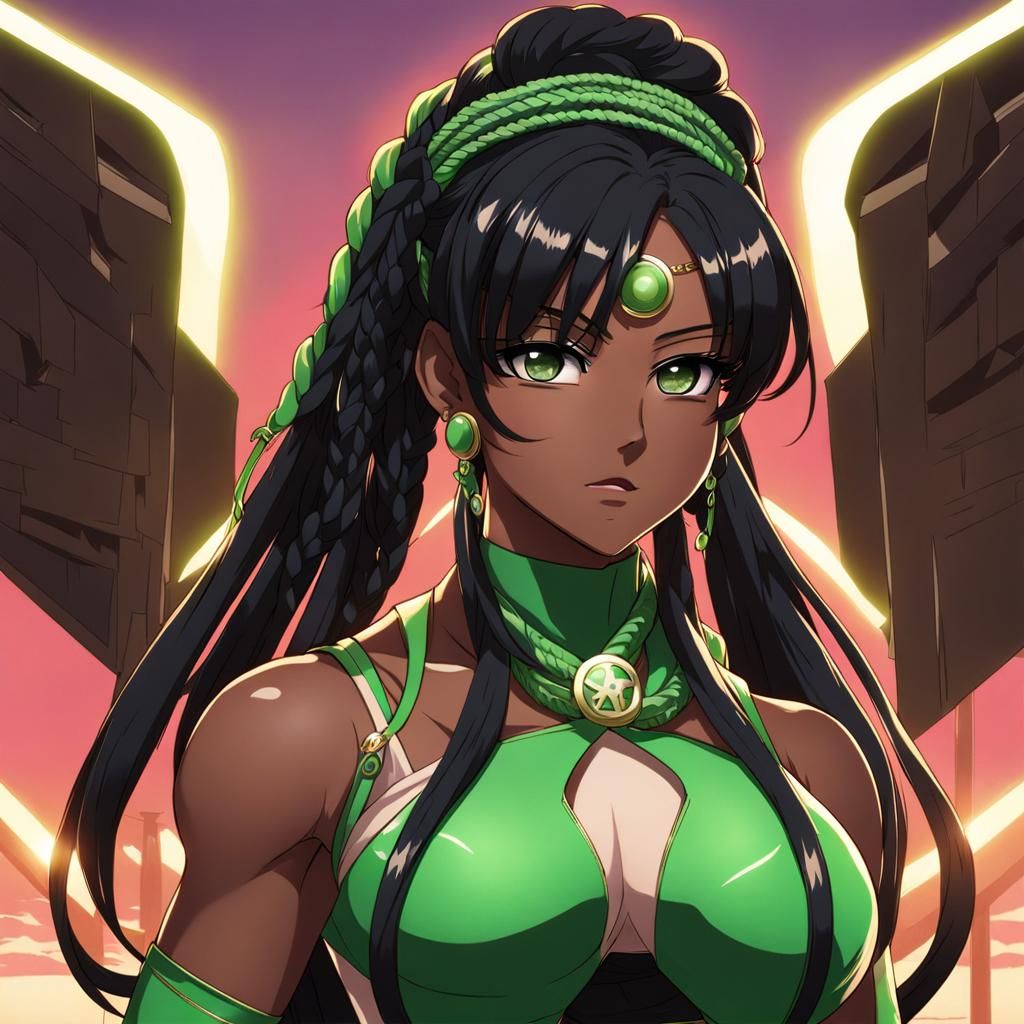 Dark skinned body builder female with black hair, green brai...