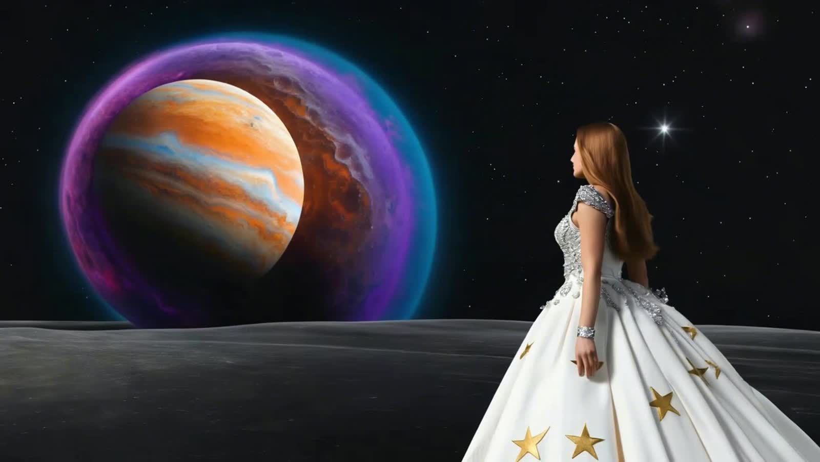 I would like to see Wendy my model viewing that planet from a distance on a distant planet The colors and beautiful oran...