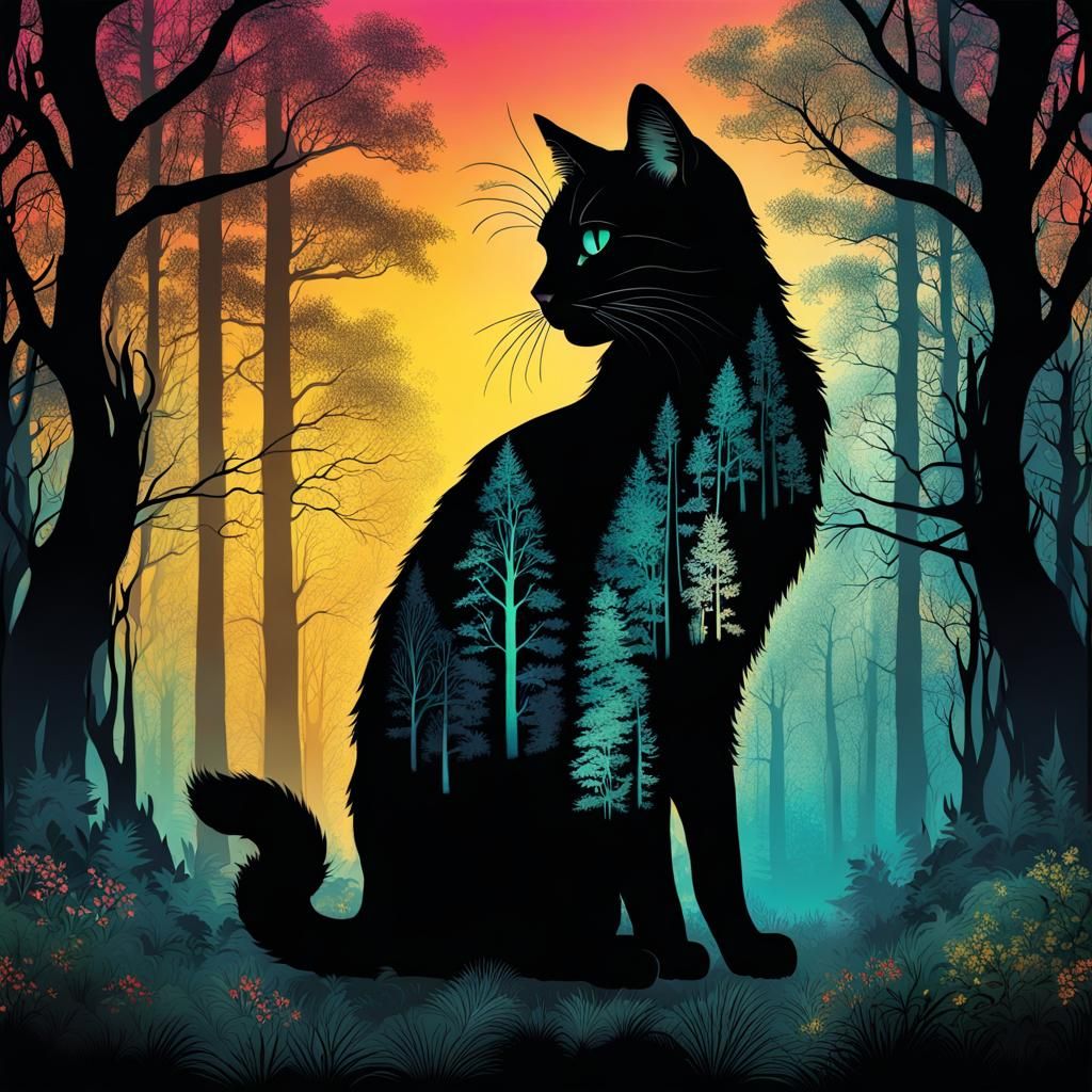 Double exposure of a cat and a forest  by @Gokiburi