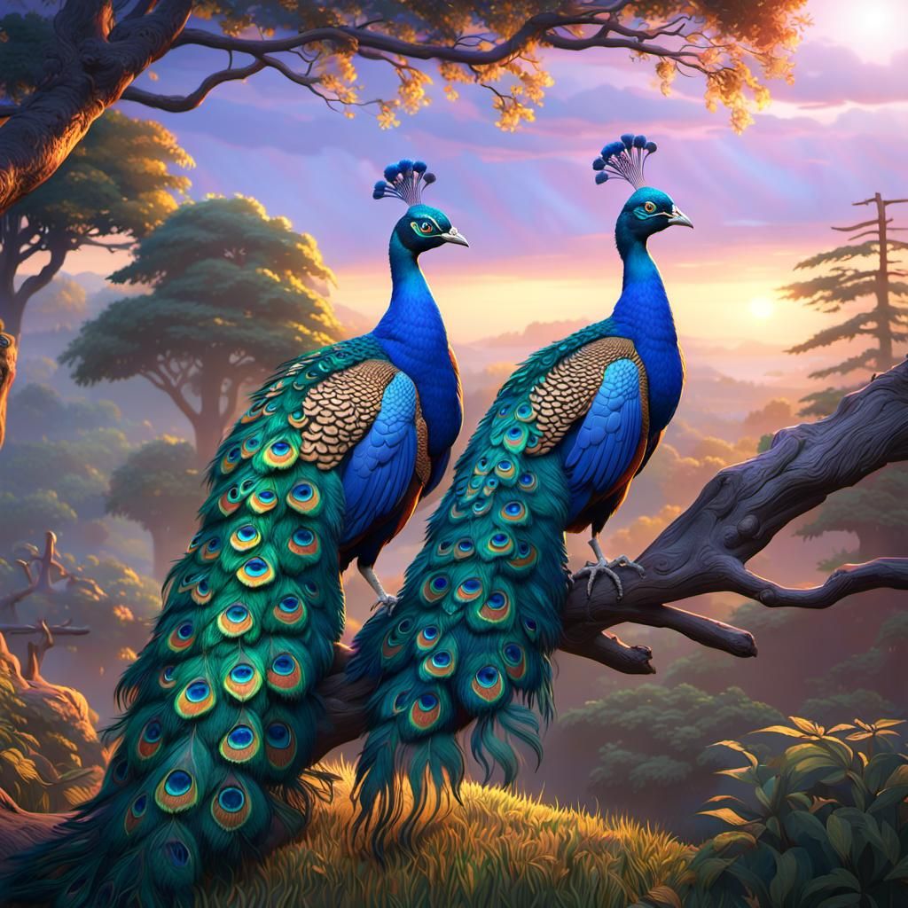 Peacocks at Sunrise: A pair of peacocks perched on a tree br...