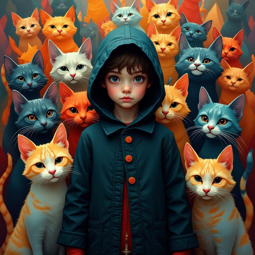Un niño con una expresión intensa o misteriosa .Una colección de gatos,algunos realistas, otros estilizados ...  by @Rosa Maria Balbas Prieto