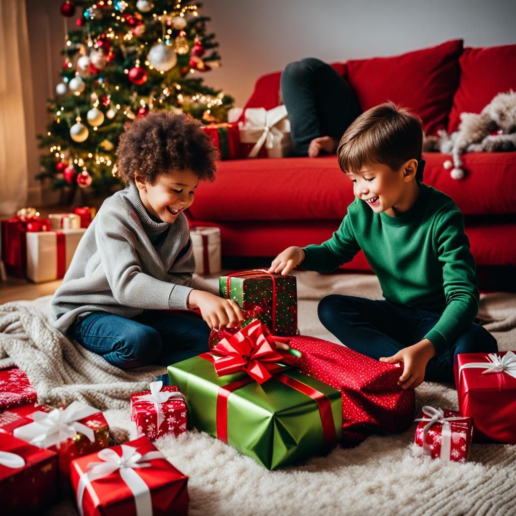 kids opening christmas presents on a blanket beside a christ...