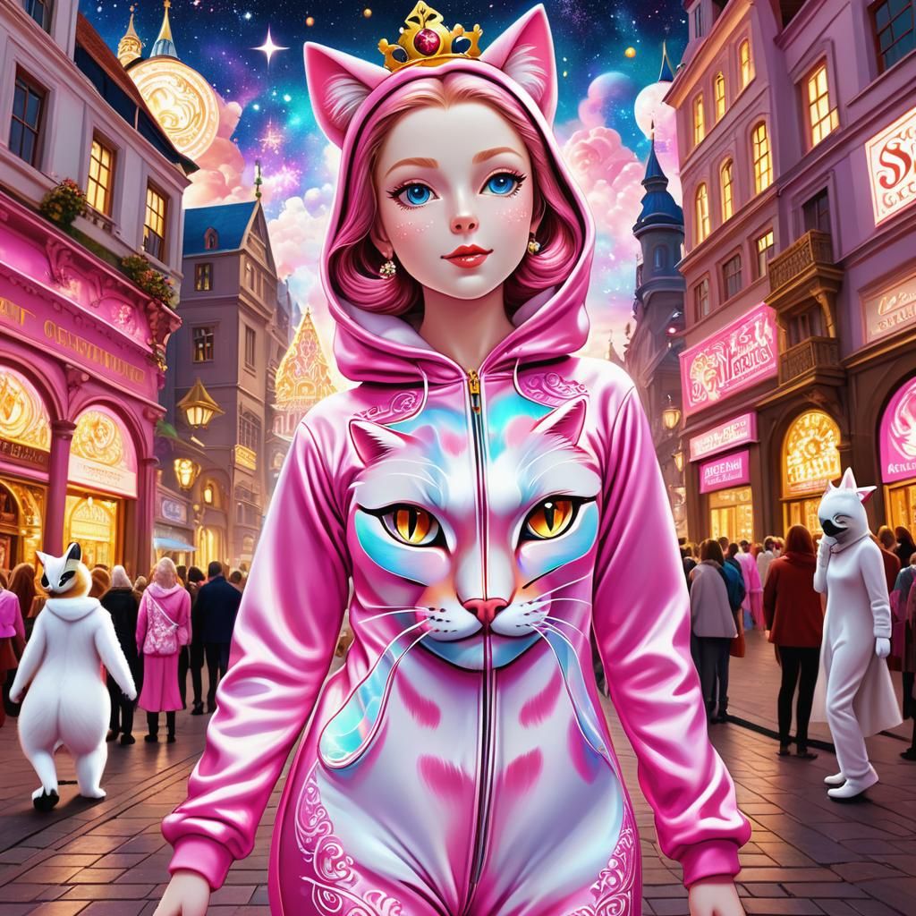 princess in kitty Onesie in town square 3