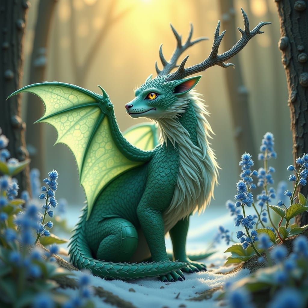 Majestic blue-grey and white dragon-cat hybrid with iridescent green scales that shimmer like polished jade, and plush, soft fur that gradat...