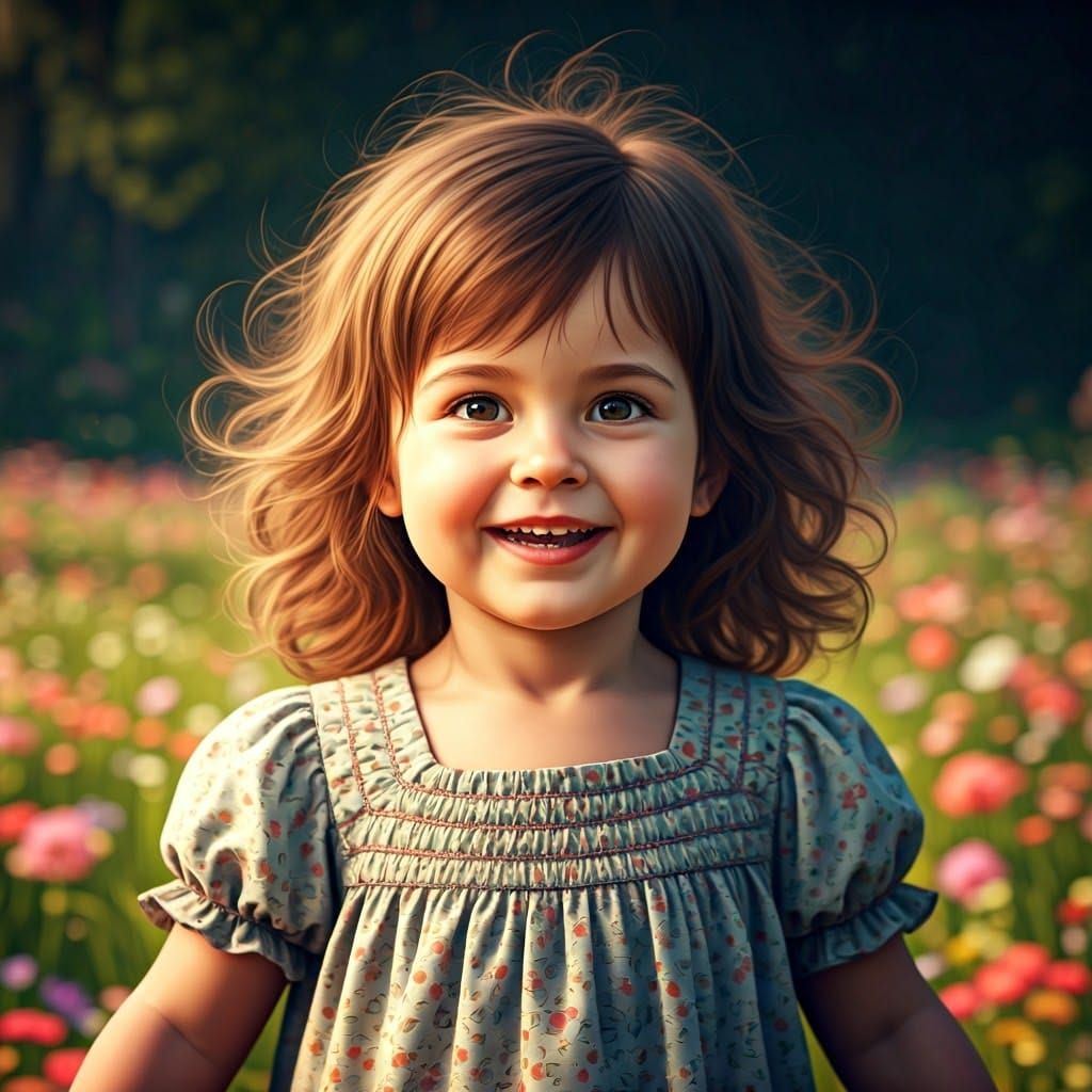Triumphant Little Girl in a Vibrant Fantasy Meadow