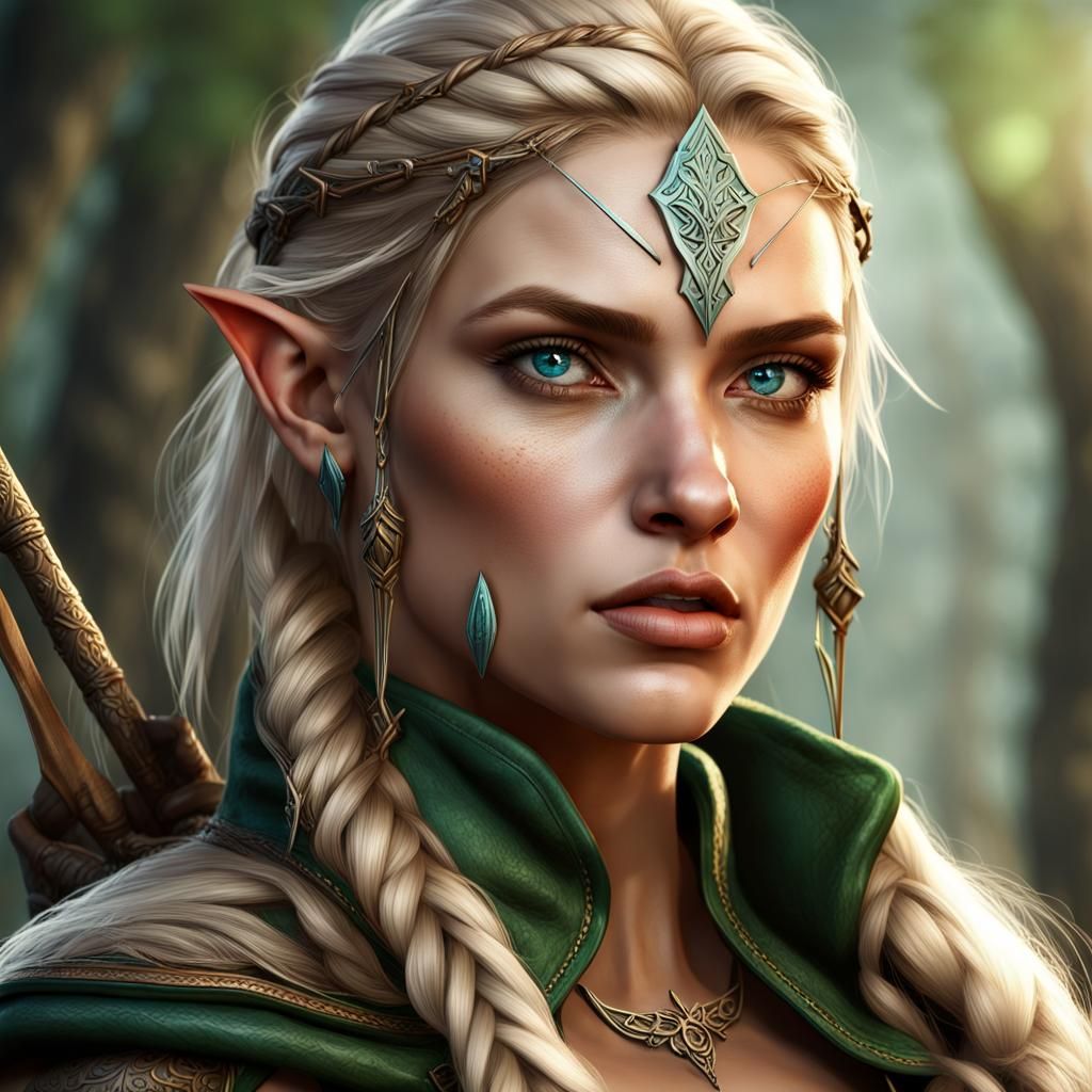 Female elf huntress. Intricately braided blonde hair, blue eyes with ...